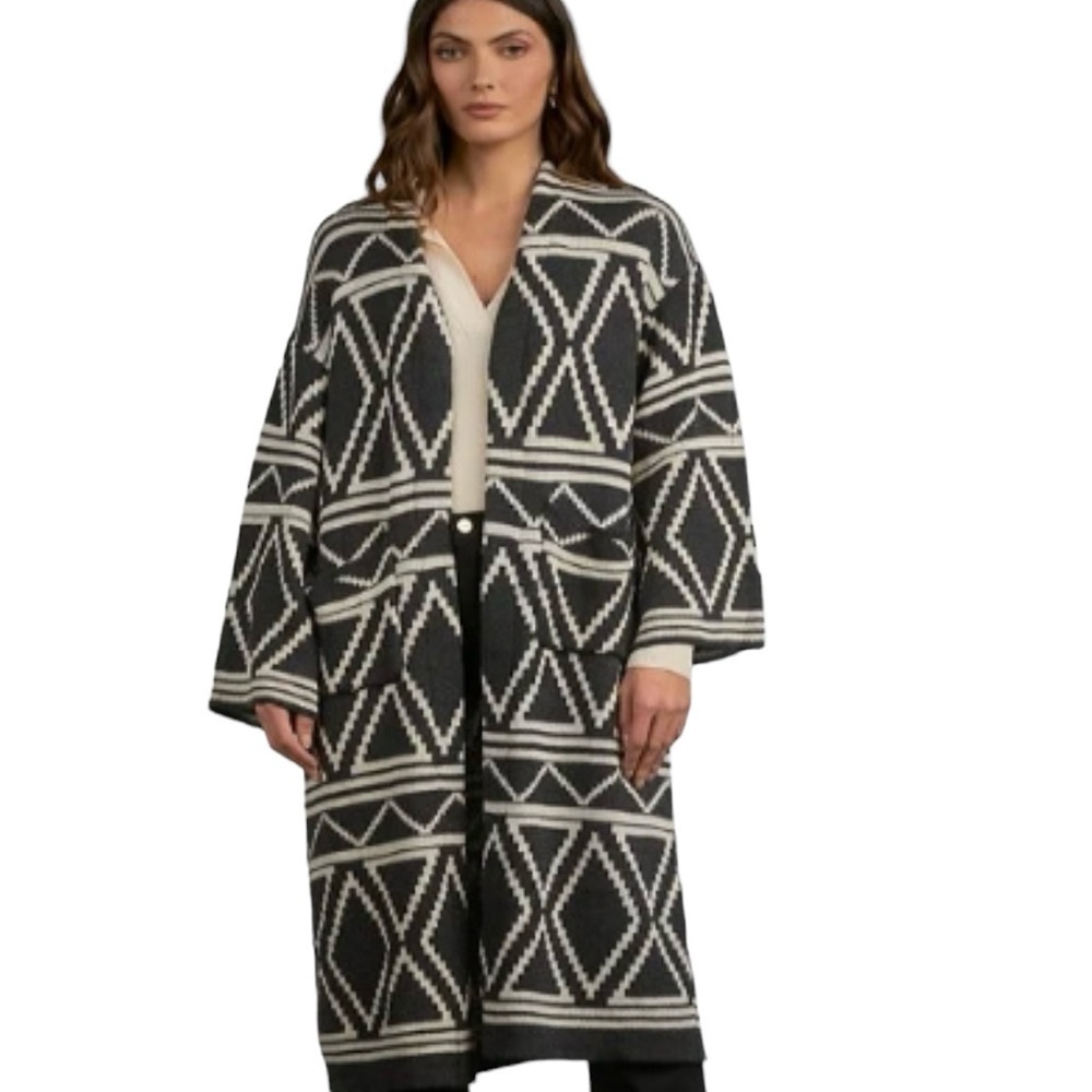Elan Black Ivory Geometric Long Knit Cardigan Coat Size M